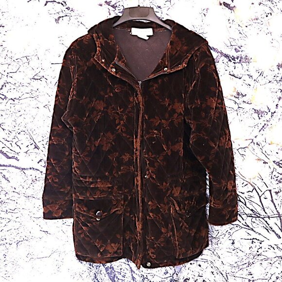 QUILTED VELVET COAT M Jones NY Vintage Velvet *FLAWED* Hooded Fall Winter Brown - Picture 2 of 9